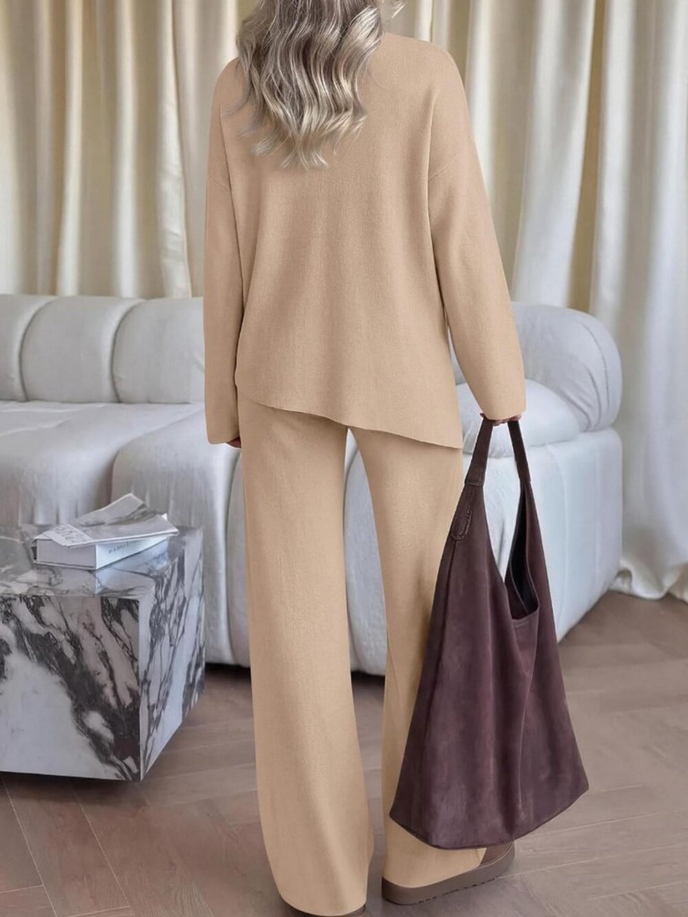 Cozy Fall 2-Piece Asymmetric Sweater & Lounge Set for Travel & Relaxation - Picture 4 of 7